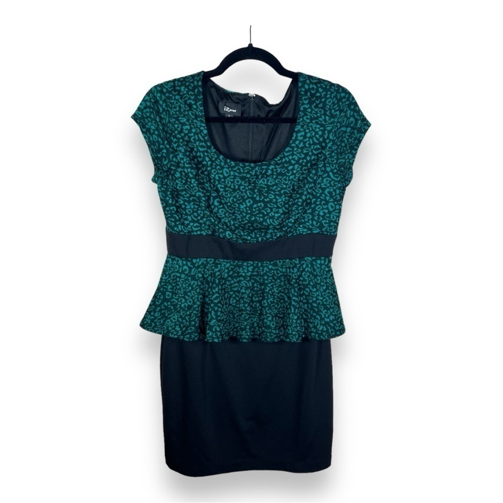 Y2K SIZE 11 JUNIORS GREEN BLACK LEOPARD PRINT PEPLUM DRESS SHORT SLEEVE EVENT